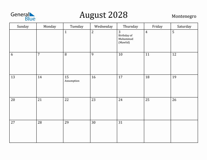 August 2028 Calendar Montenegro