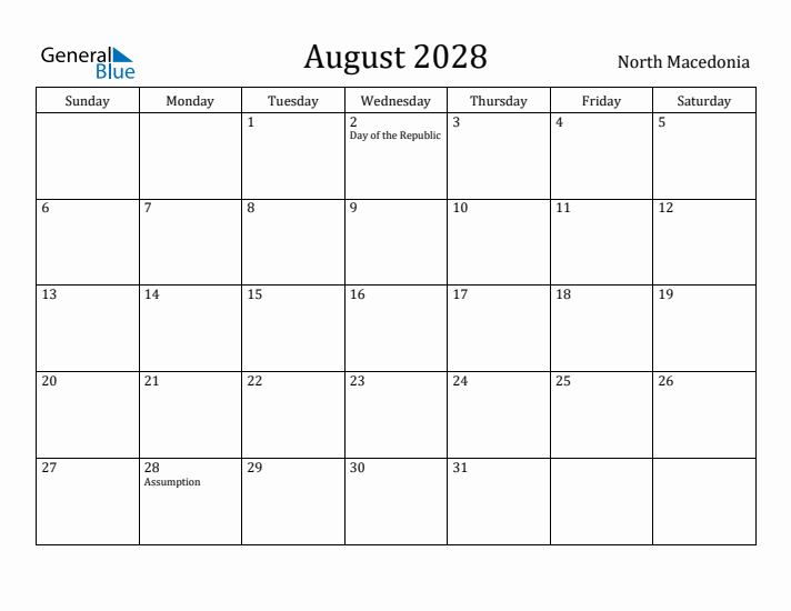 August 2028 Calendar North Macedonia