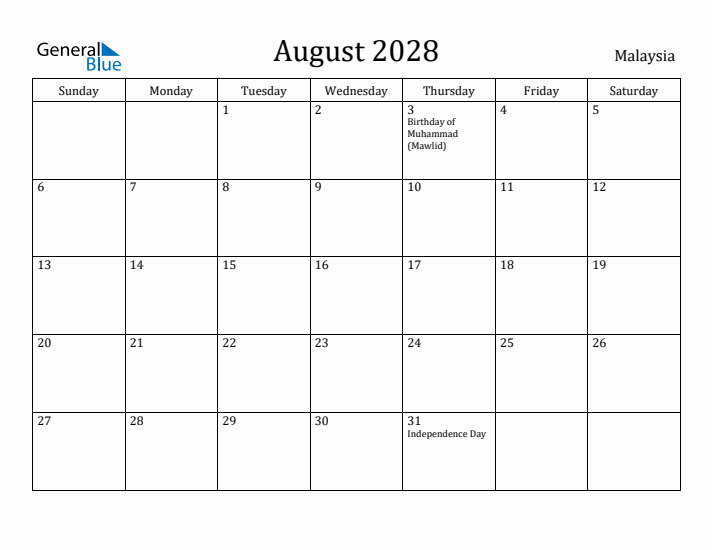 August 2028 Calendar Malaysia