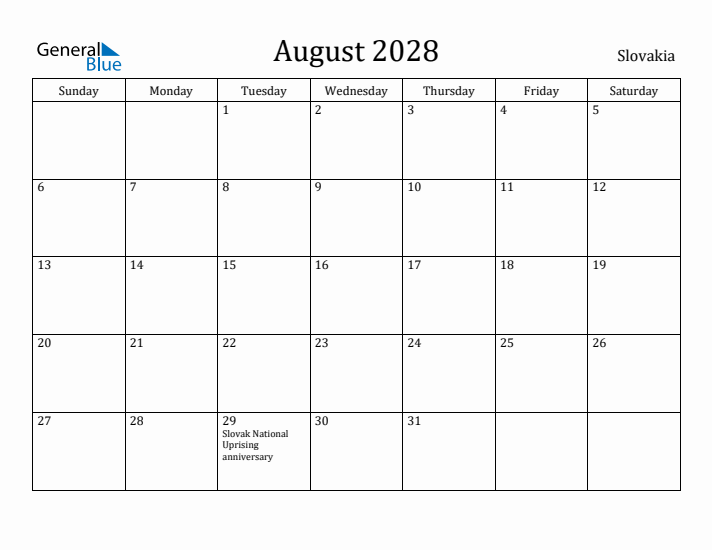 August 2028 Calendar Slovakia