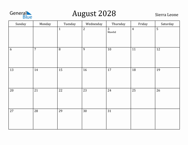 August 2028 Calendar Sierra Leone
