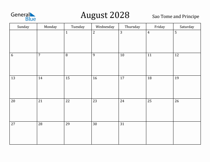 August 2028 Calendar Sao Tome and Principe
