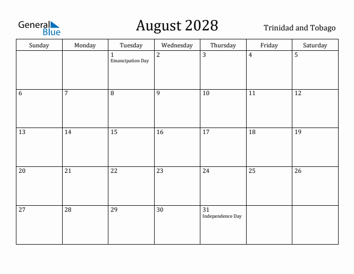August 2028 Calendar Trinidad and Tobago