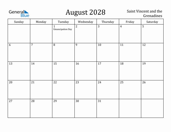 August 2028 Calendar Saint Vincent and the Grenadines
