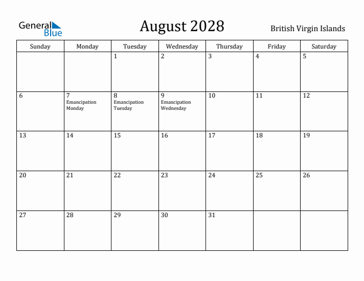 August 2028 Calendar British Virgin Islands