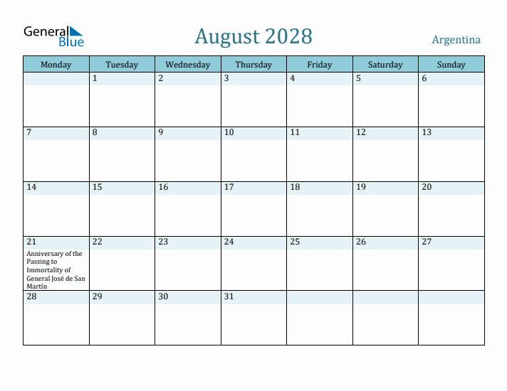 August 2028 Calendar with Holidays