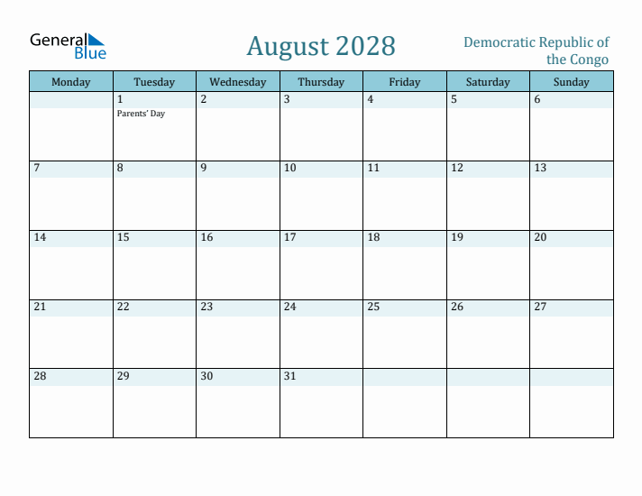 August 2028 Calendar with Holidays