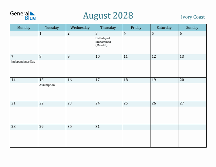 August 2028 Calendar with Holidays