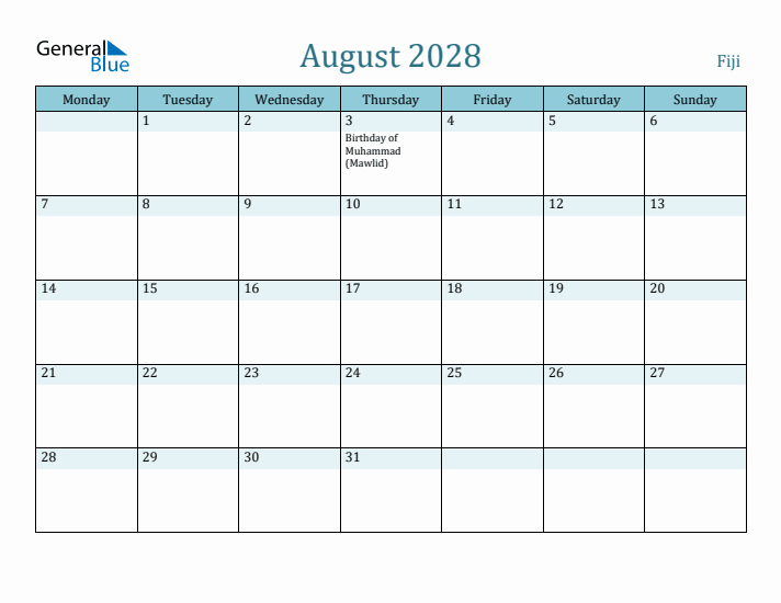 August 2028 Calendar with Holidays