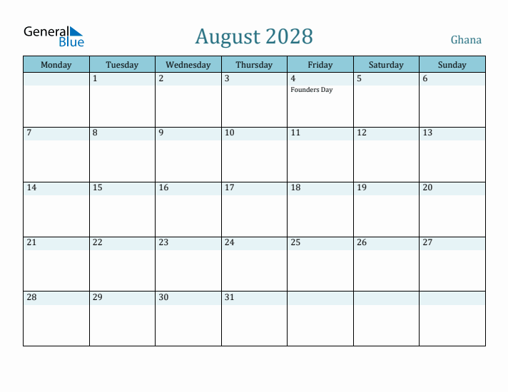 August 2028 Calendar with Holidays