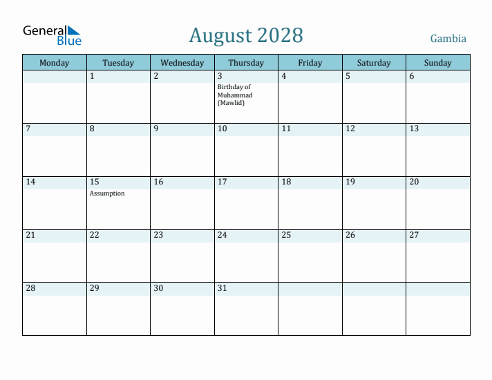 August 2028 Calendar with Holidays