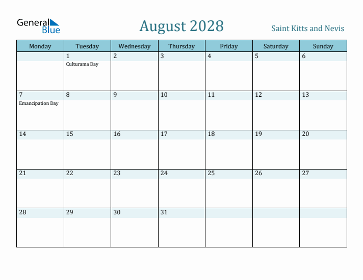 August 2028 Calendar with Holidays