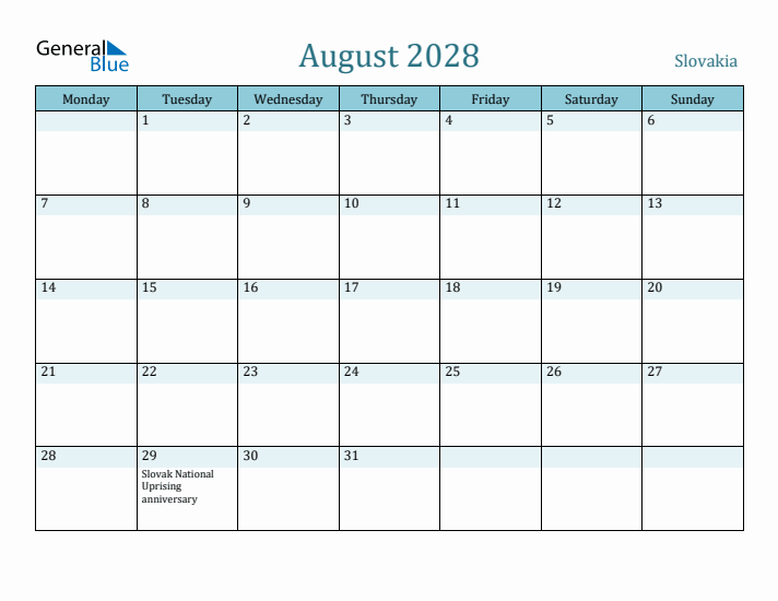 August 2028 Calendar with Holidays