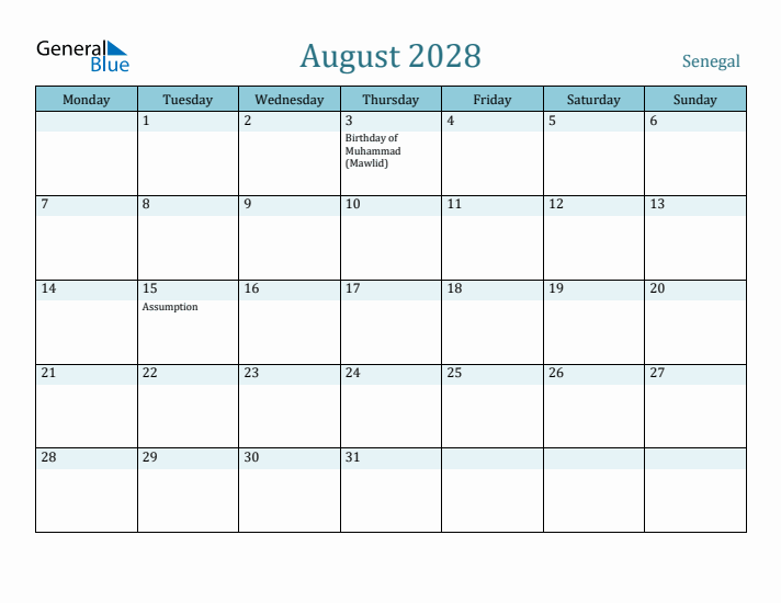 August 2028 Calendar with Holidays