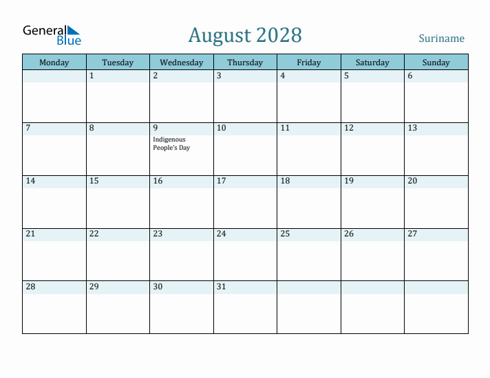 August 2028 Calendar with Holidays