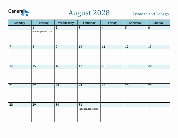 August 2028 Calendar with Holidays
