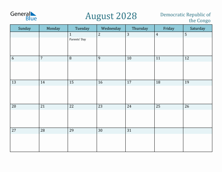 August 2028 Calendar with Holidays