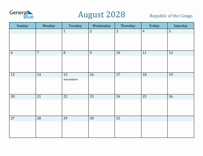 August 2028 Calendar with Holidays