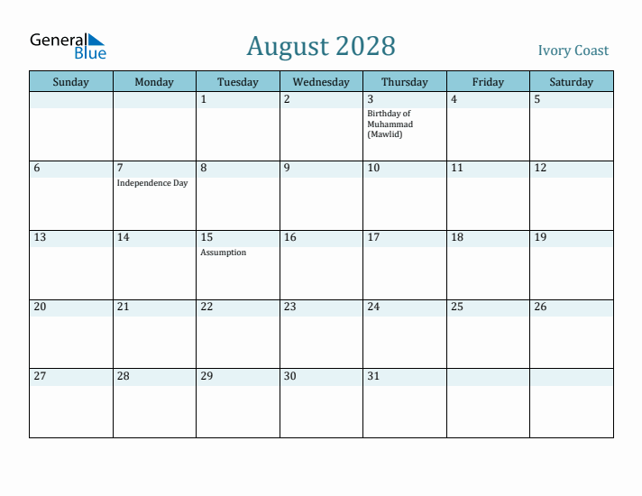 August 2028 Calendar with Holidays