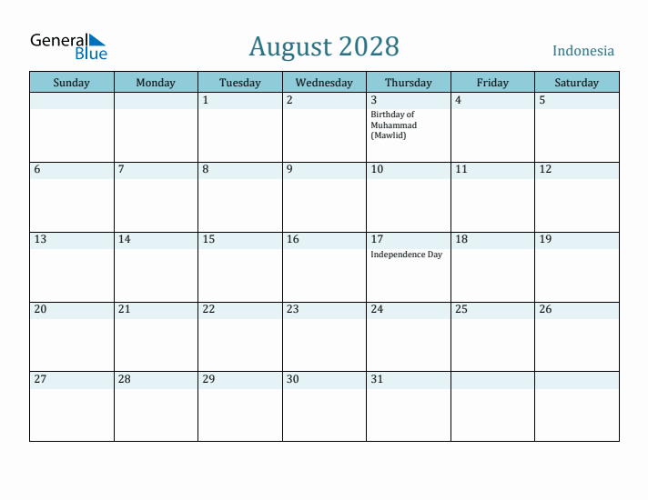 August 2028 Calendar with Holidays