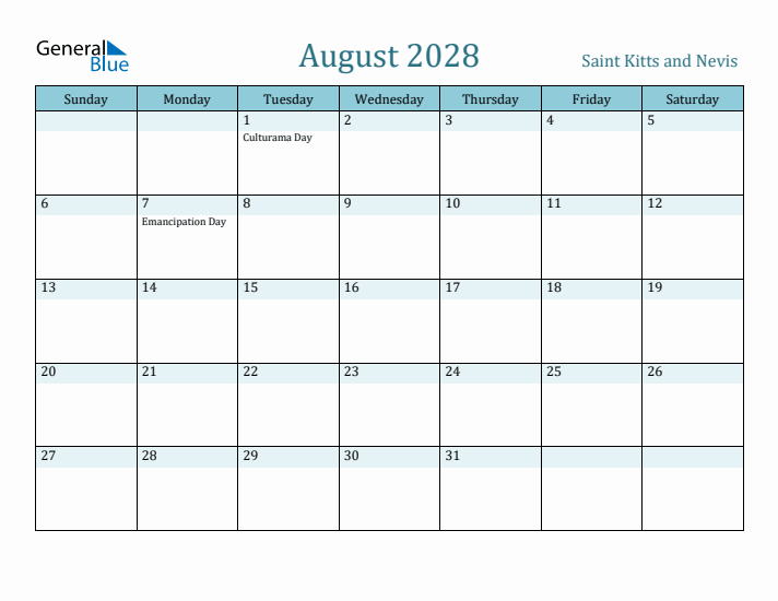August 2028 Calendar with Holidays