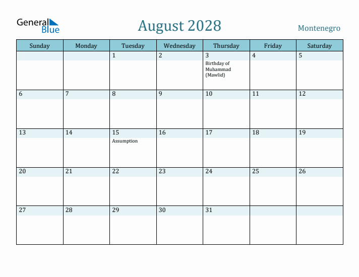 August 2028 Calendar with Holidays