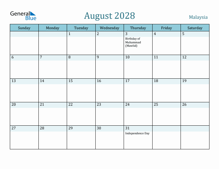 August 2028 Calendar with Holidays