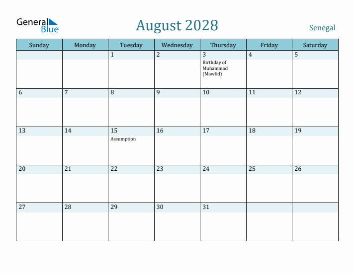 August 2028 Calendar with Holidays