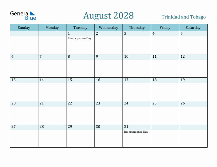 August 2028 Calendar with Holidays