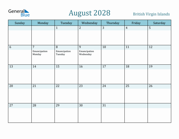 August 2028 Calendar with Holidays