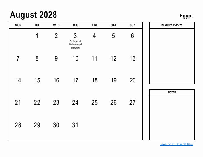 August 2028 Printable Monthly Calendar with Egypt Holidays