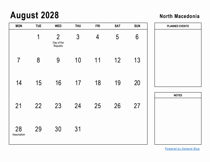 August 2028 Printable Monthly Calendar with North Macedonia Holidays