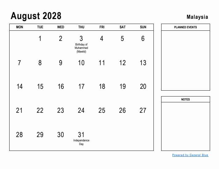 August 2028 Printable Monthly Calendar with Malaysia Holidays