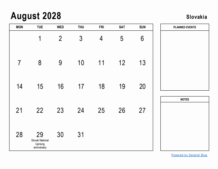 August 2028 Printable Monthly Calendar with Slovakia Holidays