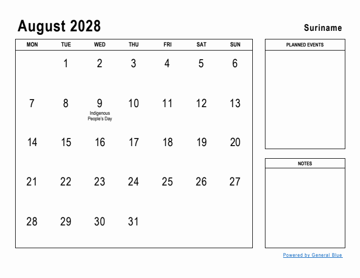 August 2028 Printable Monthly Calendar with Suriname Holidays
