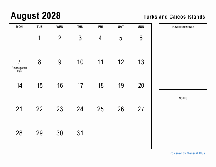 August 2028 Printable Monthly Calendar with Turks and Caicos Islands Holidays