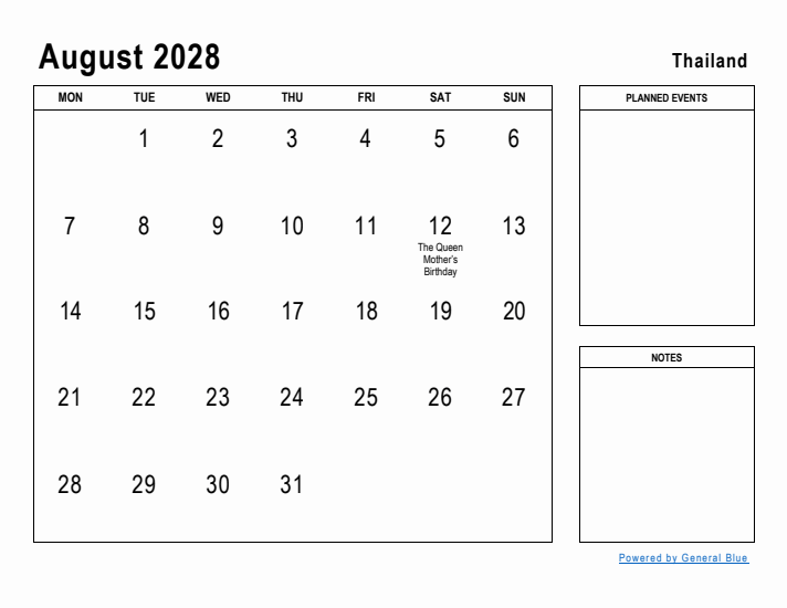 August 2028 Printable Monthly Calendar with Thailand Holidays
