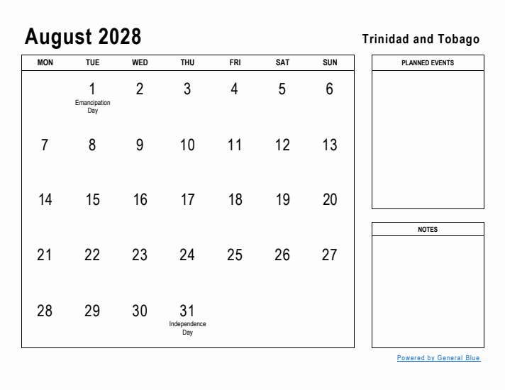 August 2028 Printable Monthly Calendar with Trinidad and Tobago Holidays