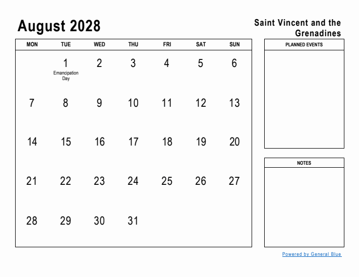 August 2028 Printable Monthly Calendar with Saint Vincent and the Grenadines Holidays