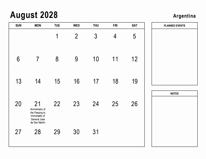 August 2028 Printable Monthly Calendar with Argentina Holidays
