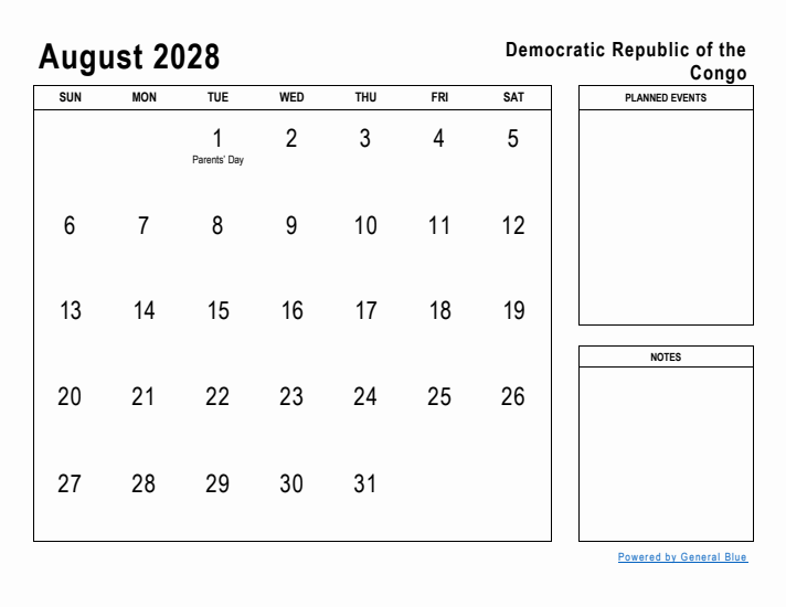 August 2028 Printable Monthly Calendar with Democratic Republic of the Congo Holidays