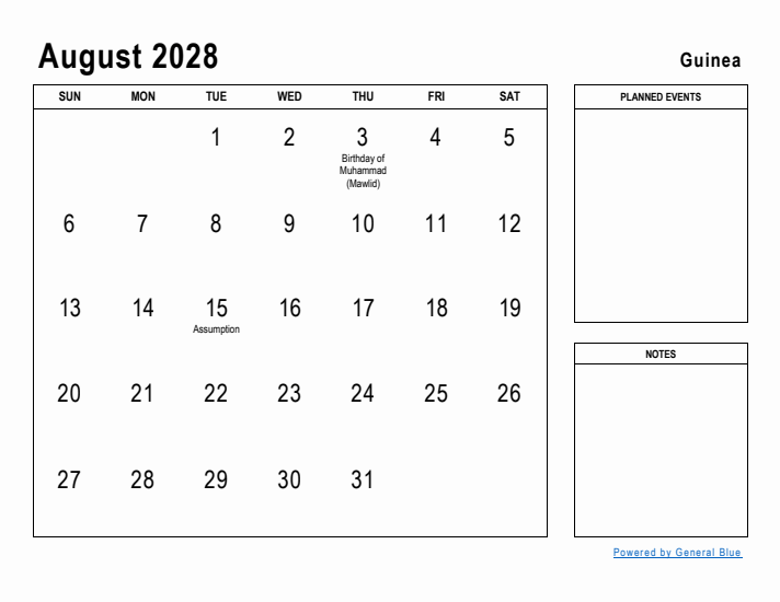 August 2028 Printable Monthly Calendar with Guinea Holidays