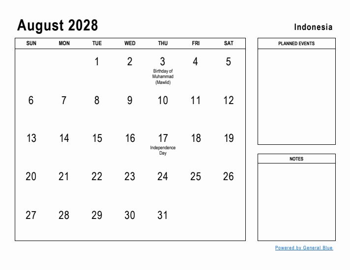 August 2028 Printable Monthly Calendar with Indonesia Holidays
