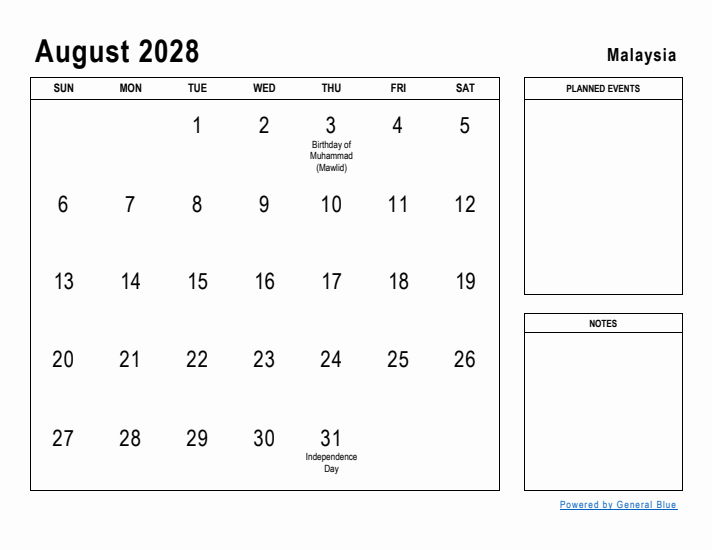 August 2028 Printable Monthly Calendar with Malaysia Holidays
