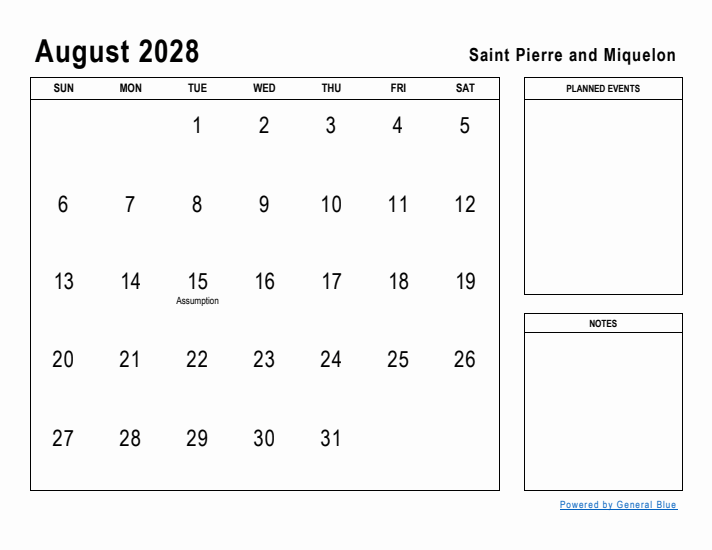 August 2028 Printable Monthly Calendar with Saint Pierre and Miquelon Holidays