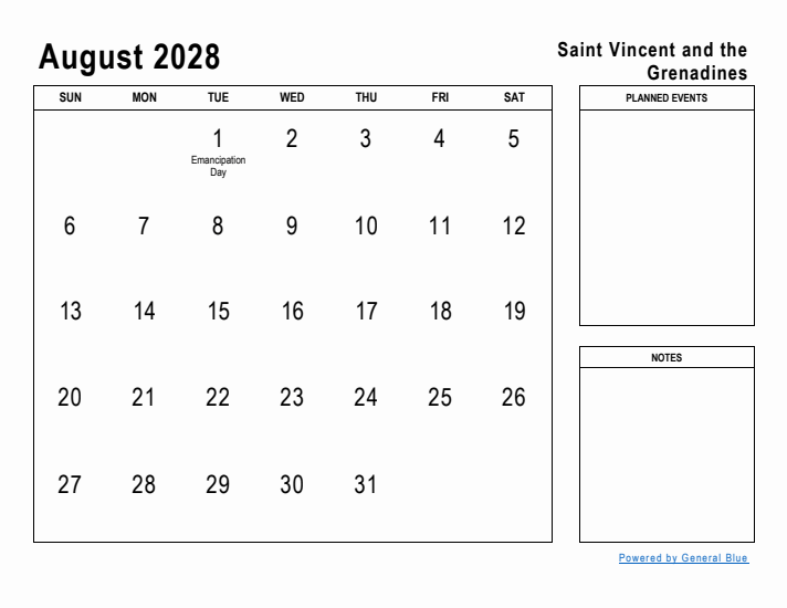August 2028 Printable Monthly Calendar with Saint Vincent and the Grenadines Holidays