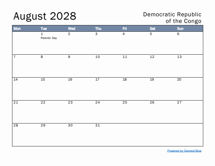 August 2028 Simple Monthly Calendar for Democratic Republic of the Congo