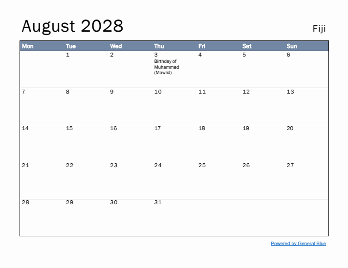 August 2028 Simple Monthly Calendar for Fiji