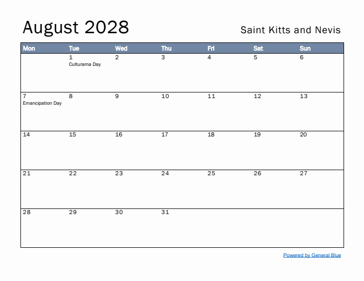 August 2028 Simple Monthly Calendar for Saint Kitts and Nevis