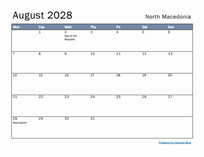 August 2028 Simple Monthly Calendar for North Macedonia